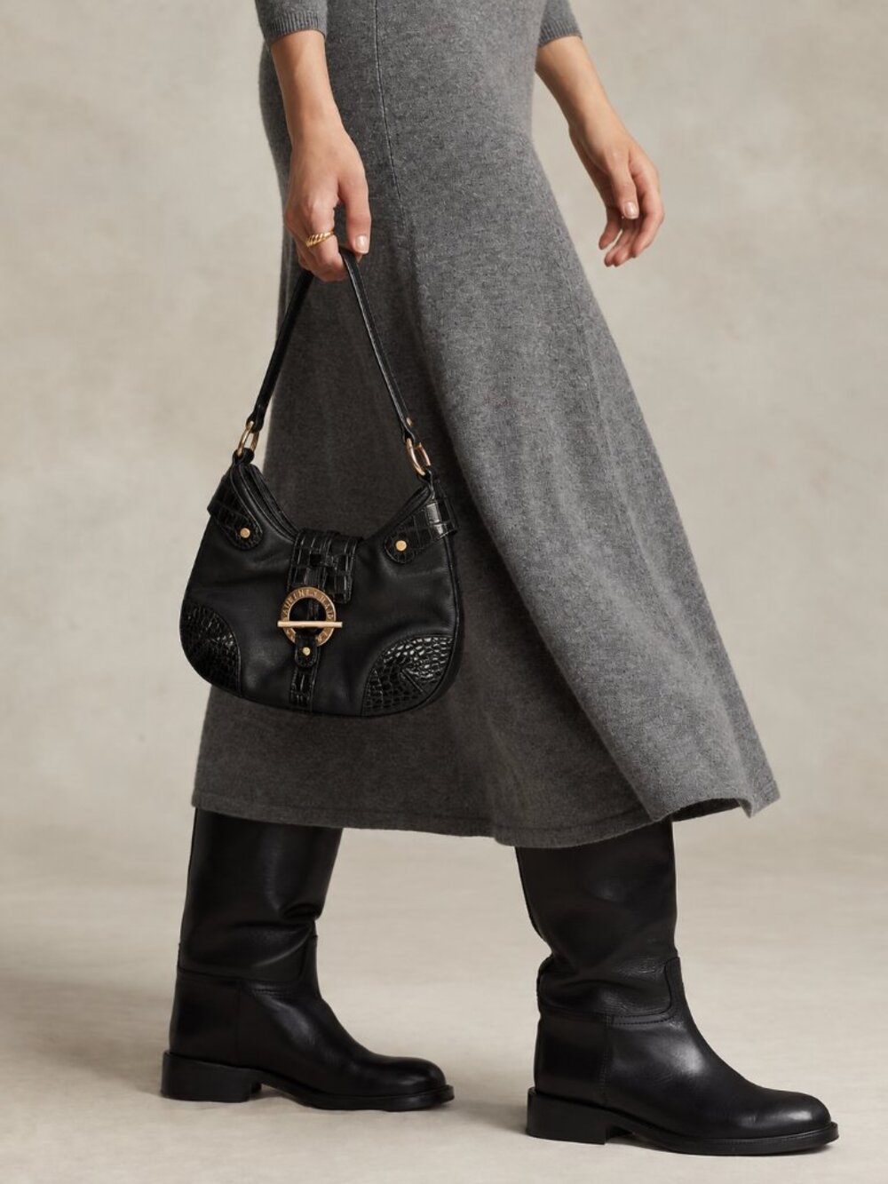 Lauren Ralph Lauren Black Leather Croc Shoulder Bag